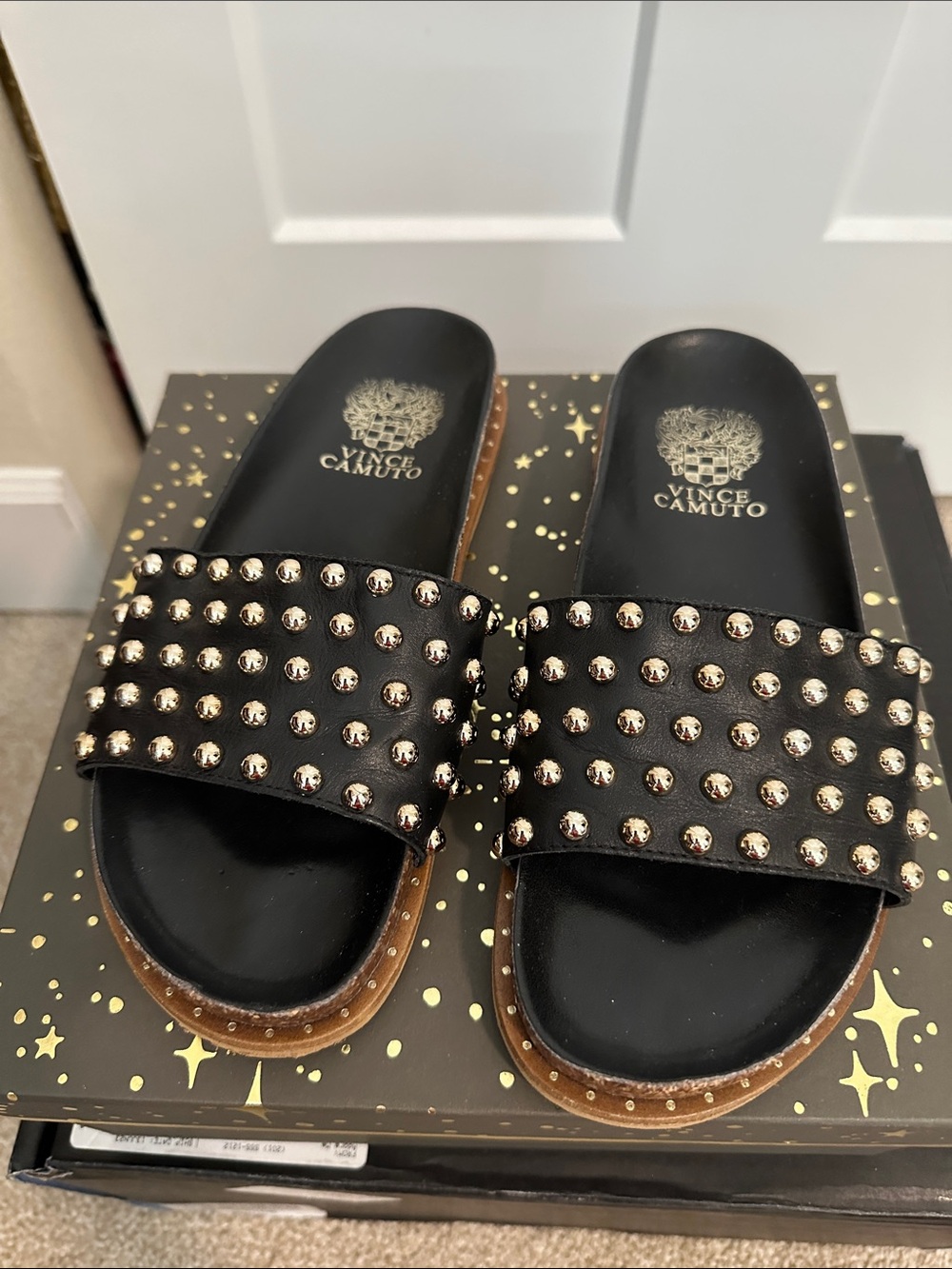 Vince Camuto Black Slide Sandals with Gold Studs
